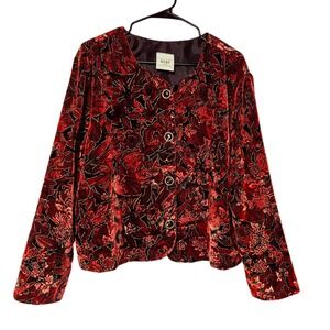 Vtg Womens Red Velvet Floral Blazer Jacket 18W Button Holiday Elevated Artsy USA
